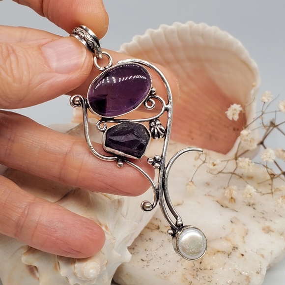 Purple Raw Amethyst Natural Pearl Silver 925 Pendant - Picture 5 of 5